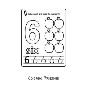 Coloring page of a card to learn the number 6 in English with fruits