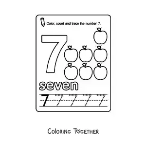 Coloring page of a card to learn the number 7 in English with fruits
