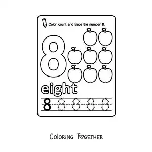 Coloring page of a card to learn the number 8 in English with fruits