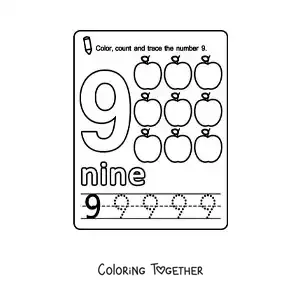 Coloring page of a card to learn the number 9 in English with fruits