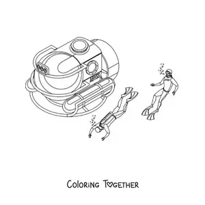 Coloring page of two divers next to a submarine
