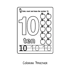 Coloring page of a card to learn the number 10 in English with fruits