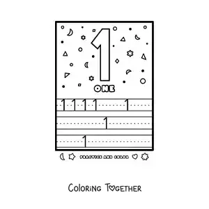 Coloring page of an activity to learn the number 1 in English