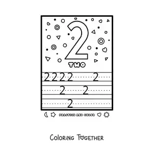 Coloring page of an activity to learn the number 2 in English