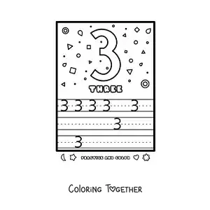 Coloring page of an activity to learn the number 3 in English