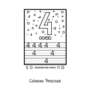Coloring page of an activity to learn the number 4 in English