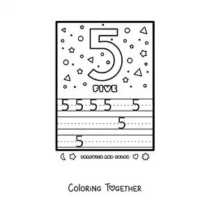 Coloring page of an activity to learn the number 5 in English