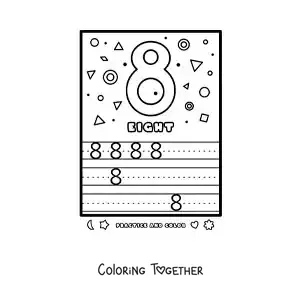 Coloring page of an activity to learn the number 8 in English