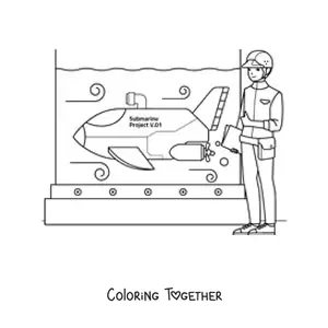 Coloring page of a naval engineer testing a submarine