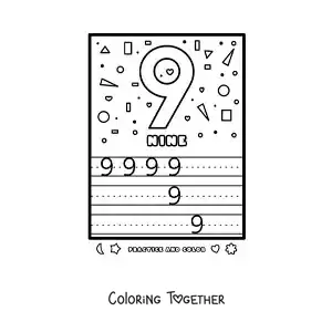 Coloring page of an activity to learn the number 9 in English