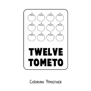 Coloring page of the number 12 in English with fruits