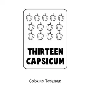 Coloring page of the number 13 in English with fruits