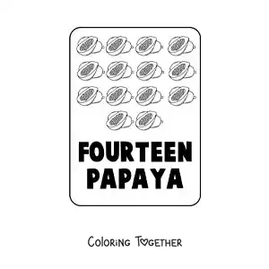 Coloring page of the number 14 in English with fruits