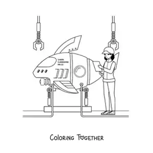 Coloring page of a naval engineer building a submarine