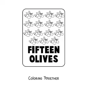 Coloring page of the number 15 in English with fruits