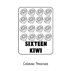 Coloring page of the number 16 in English with fruits