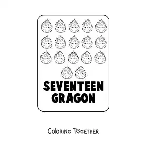 Coloring page of the number 17 in English with fruits