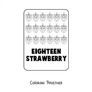 Coloring page of the number 18 in English with fruits