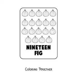 Coloring page of the number 19 in English with fruits