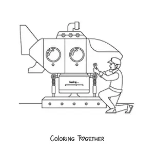 Coloring page of a naval engineer repairing a submarine