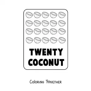 Coloring page of the number 20 in English with fruits