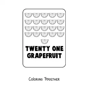Coloring page of the number 21 in English with fruits