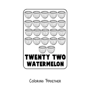 Coloring page of the number 22 in English with fruits
