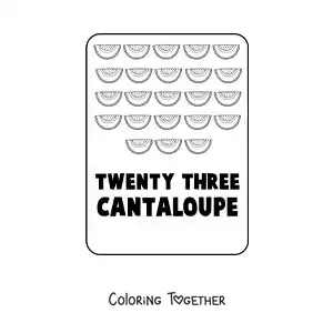 Coloring page of the number 23 in English with fruits