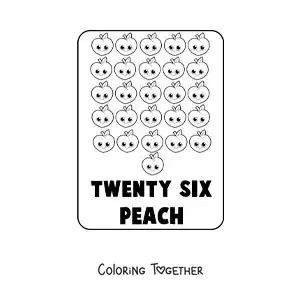 Coloring page of the number 26 in English with fruits