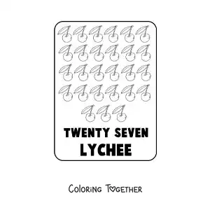 Coloring page of the number 27 in English with fruits