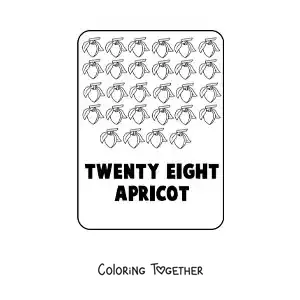 Coloring page of the number 28 in English with fruits
