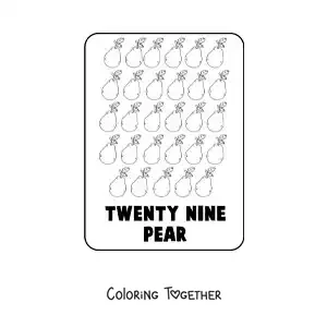 Coloring page of the number 29 in English with fruits