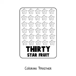 Coloring page of the number 30 in English with fruits