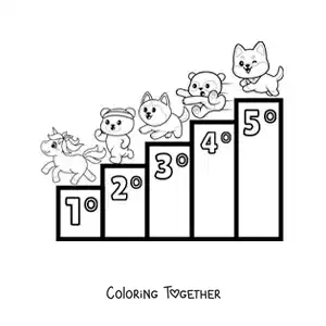 Coloring page of the ordinal numbers from 1 to 5 for kids with cartoons
