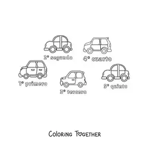 Coloring page of a car race with the ordinal numbers from 1 to 5 for kids