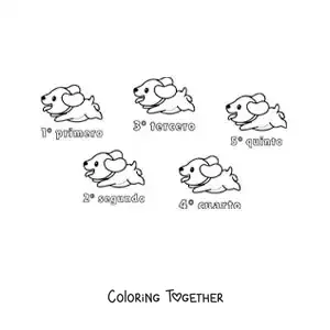 Coloring page of a dog race with the ordinal numbers from 1 to 5 for kids
