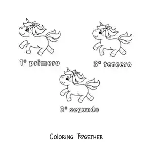 Coloring page of a unicorn race with the ordinal numbers from 1 to 3 for kids