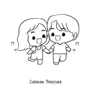 Coloring page of a chibi couple holding hands