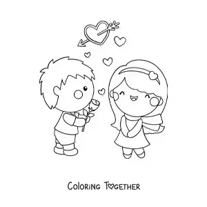 Coloring page of a boy giving a rose to his girlfriend