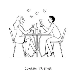 Coloring page of a couple in love at a restaurant
