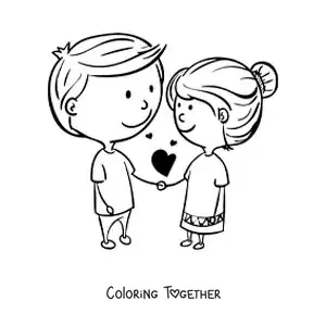 Coloring page of a kawaii couple in love