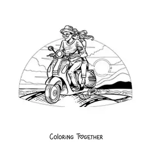 Coloring page of a couple on a motorcycle