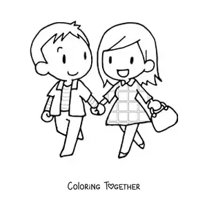 Coloring page of a couple walking hand in hand