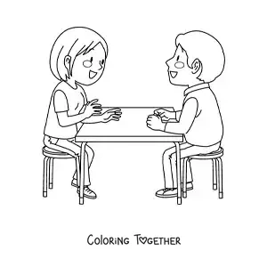 Coloring page of a couple sitting and talking at a restaurant
