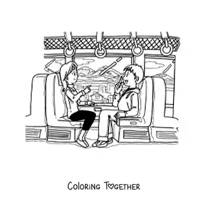 Coloring page of a couple sitting and talking on a train