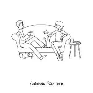 Coloring page of a couple at home with pets
