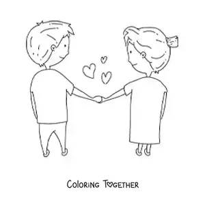 Coloring page of a couple in love holding hands with hearts