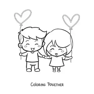 Coloring page of a couple holding hands with hearts