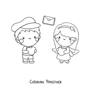 Coloring page of a couple in love with love letters