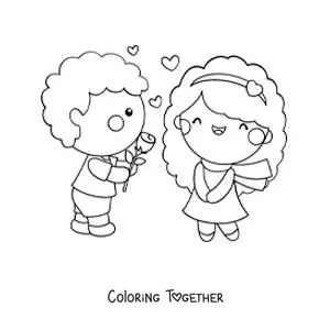 Coloring page of a boy giving a rose to his sweetheart